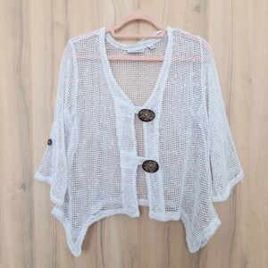 Nina Leonard Women Crochet Knit Open Front Cardigan Size M White Boho Cottage